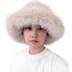 Oversized Winter Faux Fur Bucket Hat for Women Beige